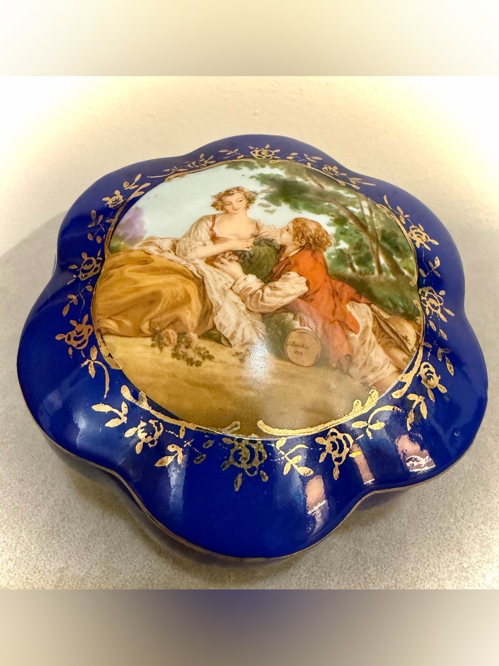 RS Prussia Reproduction Trinket Box Victorian Lovers Blue Gold Porcelain